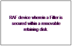 Text Box: RAF device wherein a Filter is secured within a removable retaining disk.
